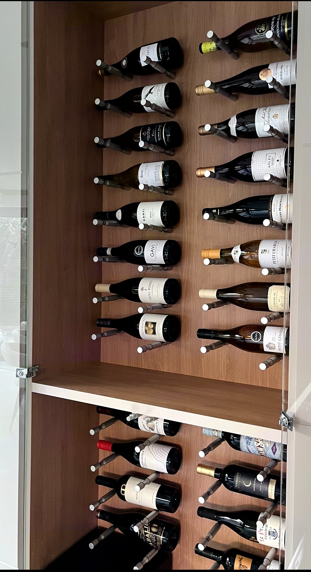 Double  bottle Wine Pegs designed by Sommelier Wine Racks™ in aircraft grade brushed aluminium - each pair holds 2 bottles - ( holds bottle parallel to wall) )