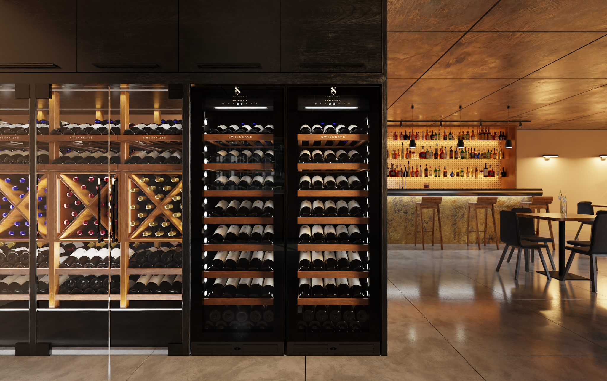 Swisscave WLB-460DFLD-MIX- Black Edition Dual Zone Wine Cabinet with Gastro Furnishing (124-163 BOT) - 595mm Wide